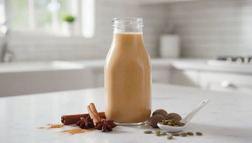 A glass bottle of homemade pumpkin spice creamer on a kitchen counter next to a small bowl of pumpkin puree a cinnamon s