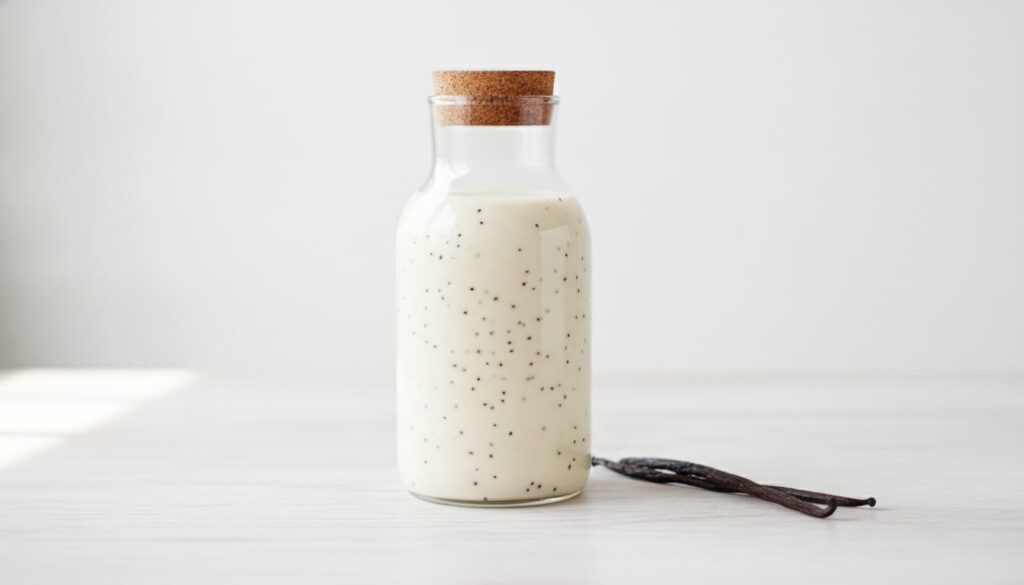 A clear glass bottle of homemade vanilla bean creamer showing specks of vanilla bean It s placed on a light wooden surfa