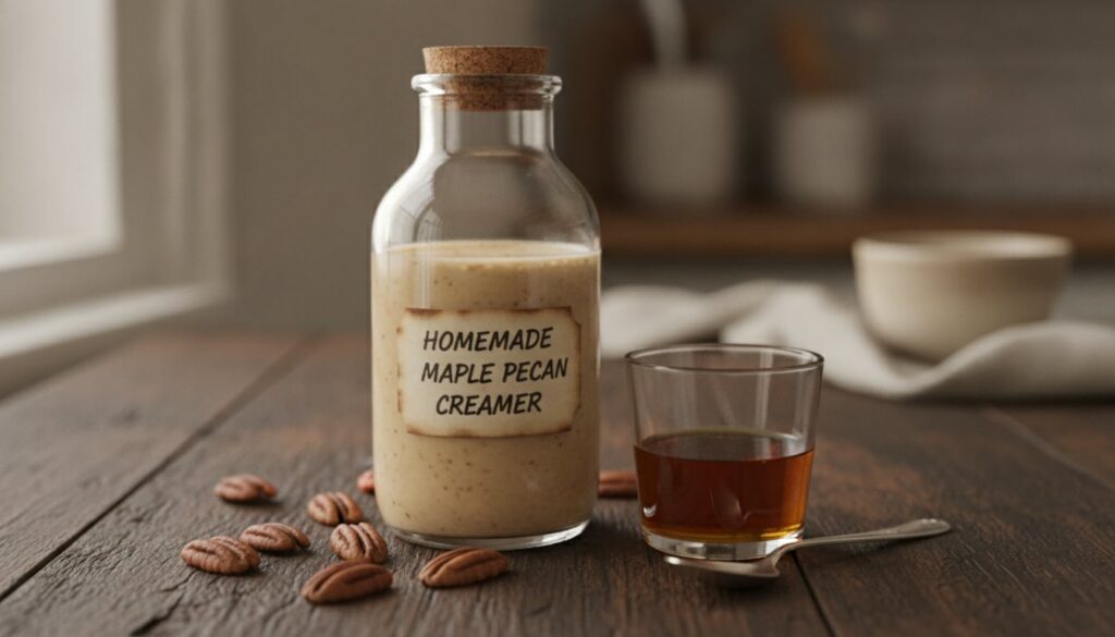 A glass bottle of homemade maple pecan creamer with a few whole pecans scattered around the base and a drizzle of maple