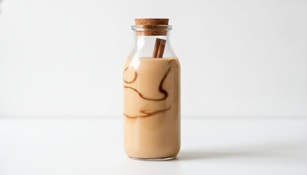 A clear glass bottle of homemade cinnamon swirl creamer with a visible cinnamon stick inside or alongside it on a clean