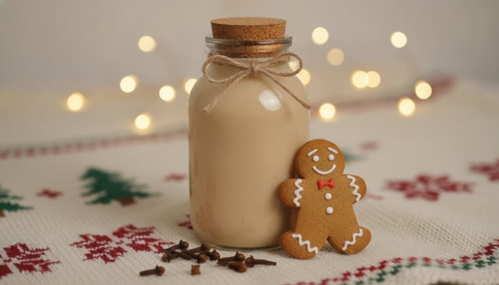 A glass bottle of homemade gingerbread creamer garnished with a small gingerbread cookie and a few whole cloves on a fes