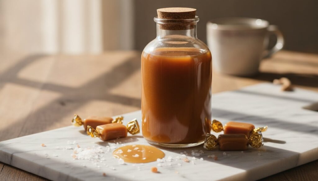A glass bottle of homemade salted caramel creamer with a rich caramel color next to a small dish of sea salt flakes and