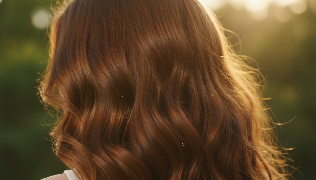 A close-up of a woman s hair showing improved shine and health after using a natural hair remedy with a soft glowing eff