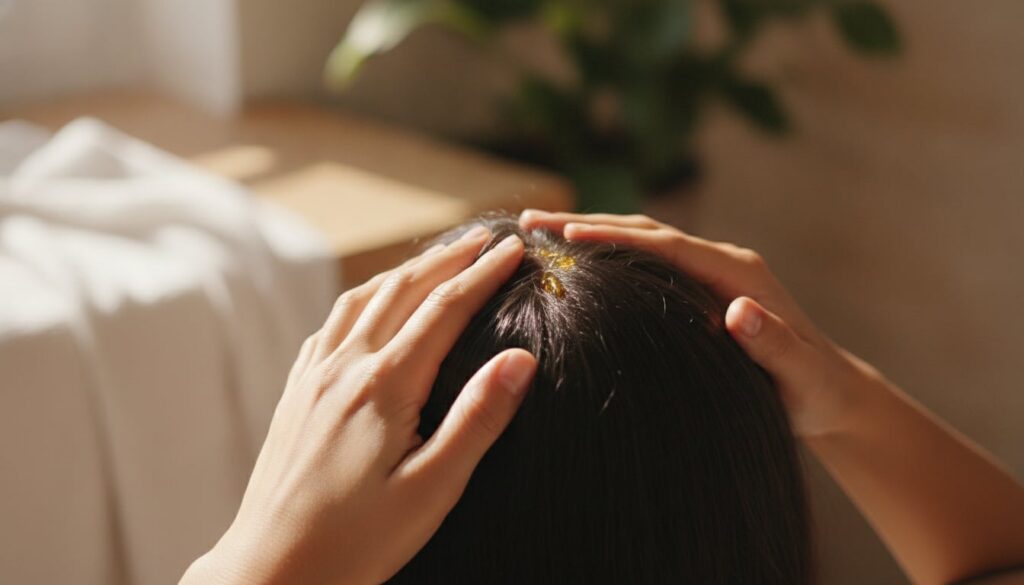 A person s hands gently massaging the homemade hair oil into their scalp focusing on the roots of their hair with a warm
