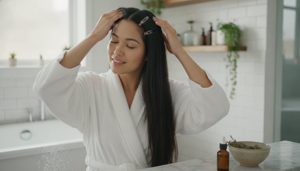 A woman gently massaging the homemade hair oil into her scalp with her fingertips her hair neatly sectioned in a soft na