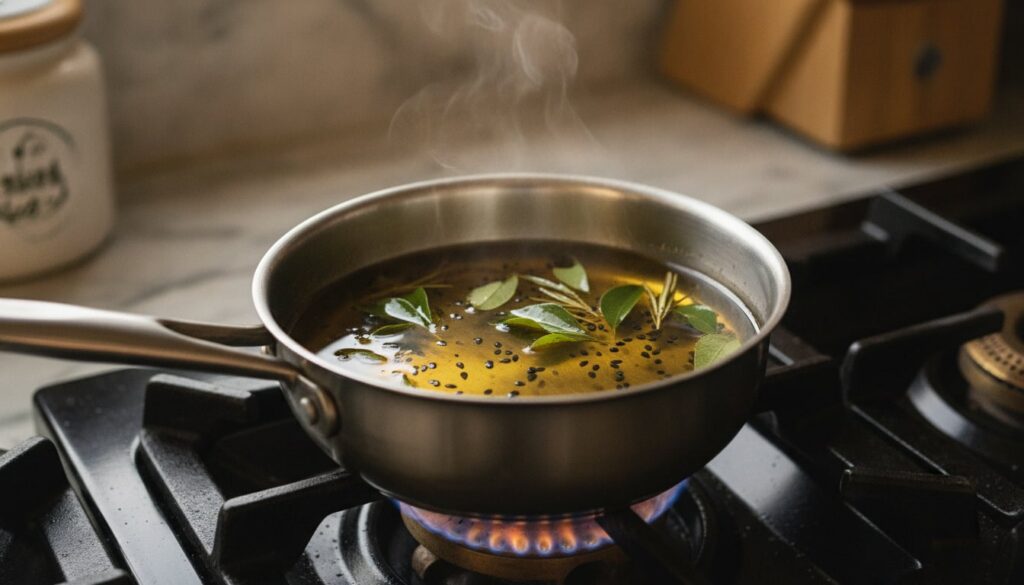 A close-up shot of the hair oil mixture gently simmering in a saucepan on a stove showing Kalonji seeds curry leaves and