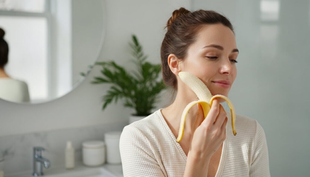 A woman gently rubbing the inner side of a banana peel onto her cheek with a soft natural expression