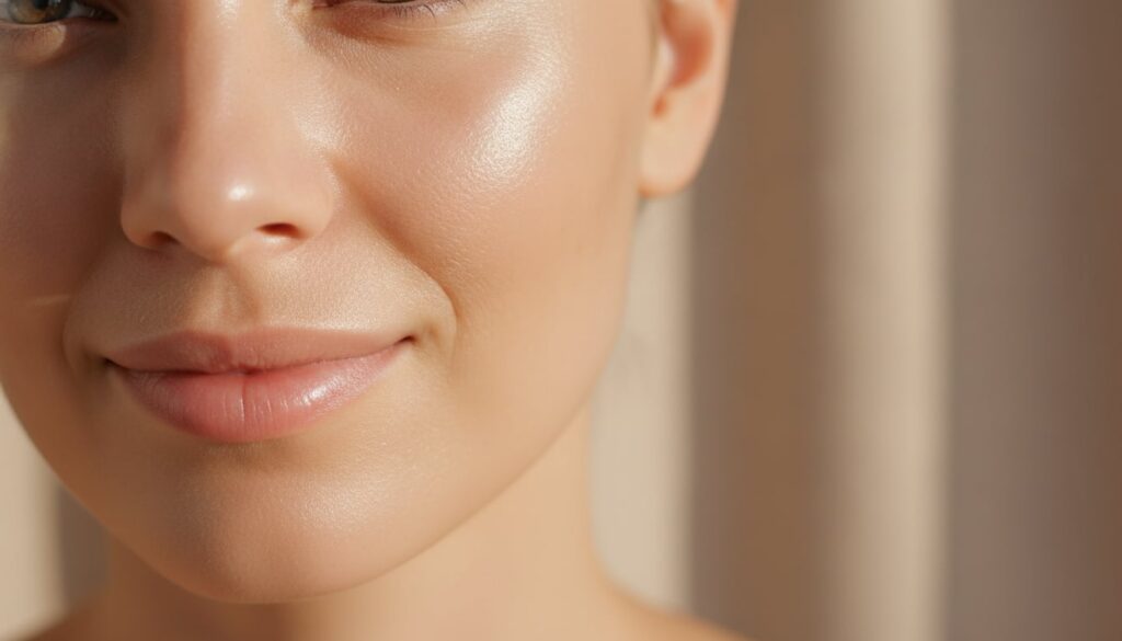 A close-up of healthy glowing skin after a beauty treatment looking smooth and radiant