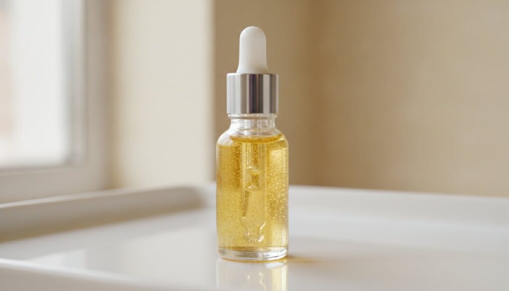 Small clean glass dropper bottle filled with a golden oil blend ready for use