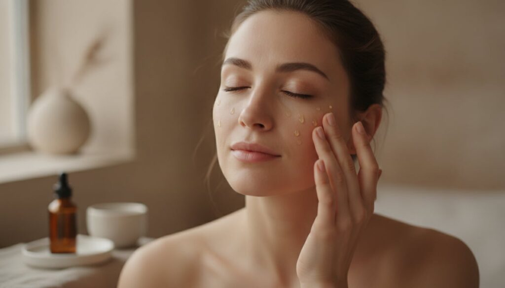 A woman gently massaging a few drops of oil onto her face with a soft radiant glow showing healthy skin