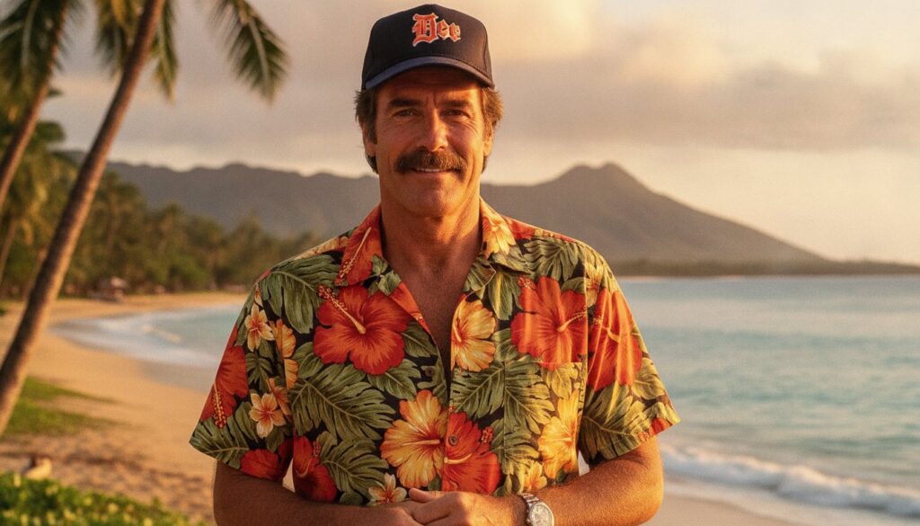 A real publicity still of Tom Selleck as Magnum P I perhaps with his signature mustache and Hawaiian shirt set in Hawaii