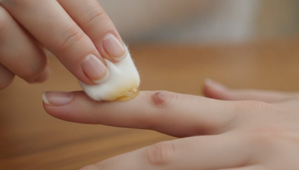 Close-up of a hand applying a cotton ball soaked in a liquid remedy to a small wart on another finger demonstrating prec