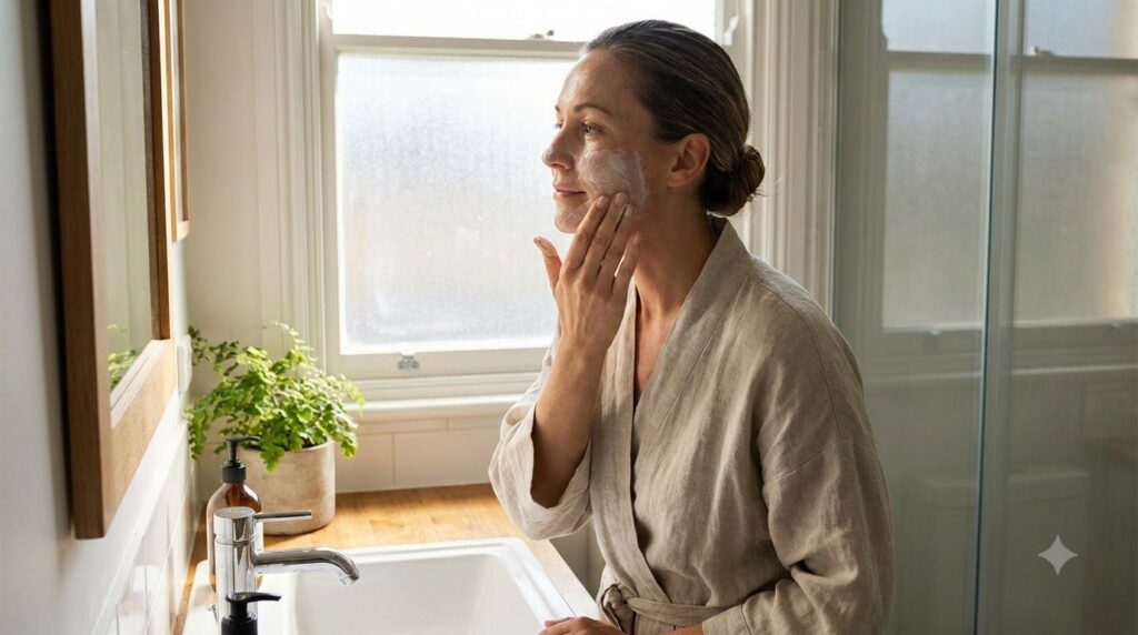 A woman gently massaging the Vaseline and baking soda paste onto her cheek demonstrating careful application