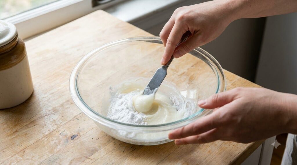 Hands mixing Vaseline and baking soda in a small bowl to create a smooth paste