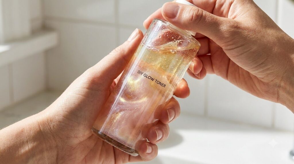 A close-up shot of hands shaking a clear glass bottle containing the DIY toner The liquid shows visible separation of oi