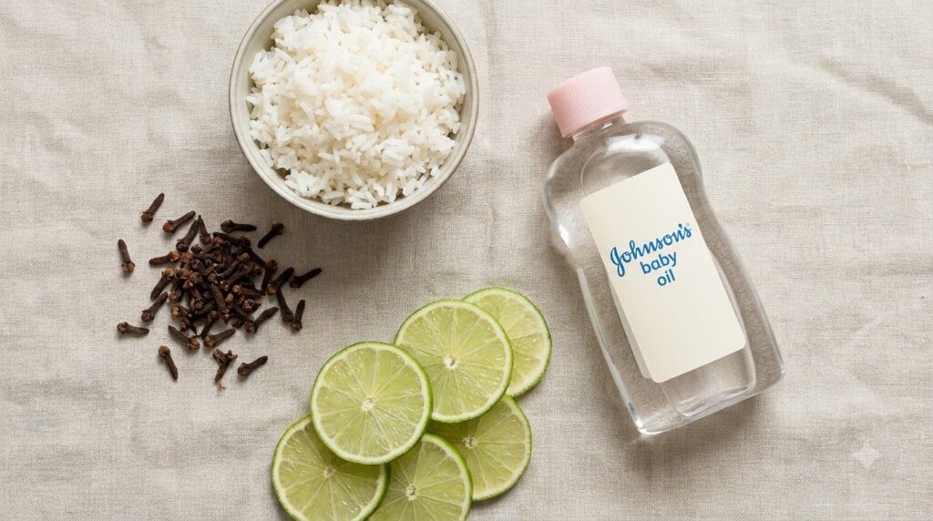 A serene flat lay of the individual ingredients a bowl of white rice a small pile of whole cloves sliced fresh lime and 
