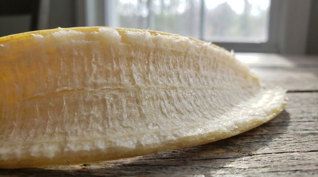 A close-up shot of the inner white fibrous part of a banana peel showing its texture and potential for skincare applicat
