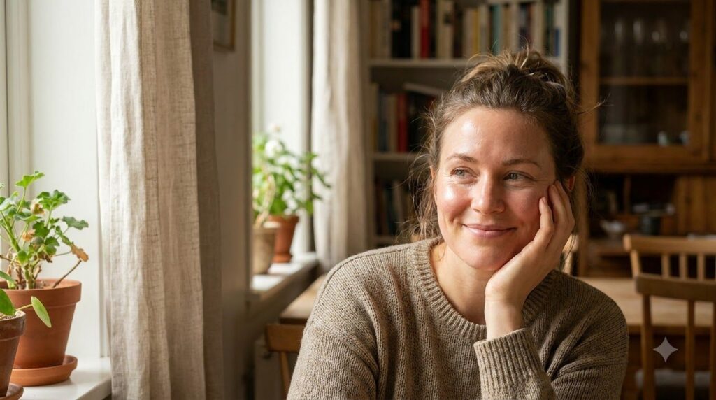 A woman smiling brightly touching her smooth glowing cheek illustrating healthy and radiant skin She has a natural happy