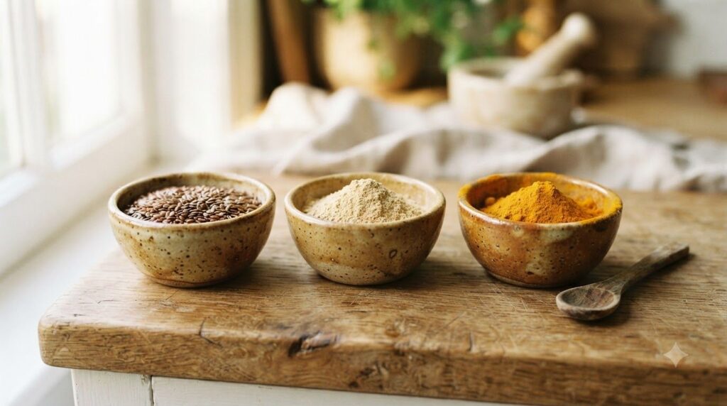 Three small rustic bowls containing the individual ingredients whole flax seeds amla powder and turmeric powder arranged