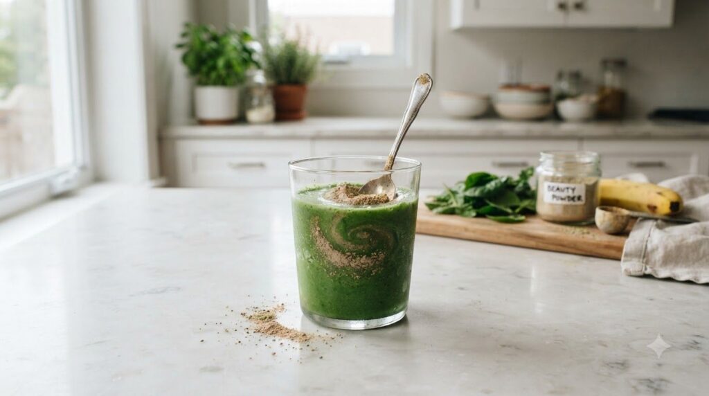 A glass of vibrant green smoothie with a spoon stirring in the homemade beauty powder showing the powder dissolving into