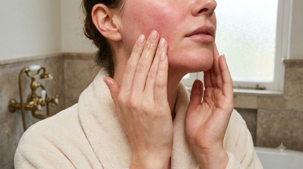 A woman s hands gently massaging the prepared baby oil blend onto her face and neck with a soft natural glow to her skin