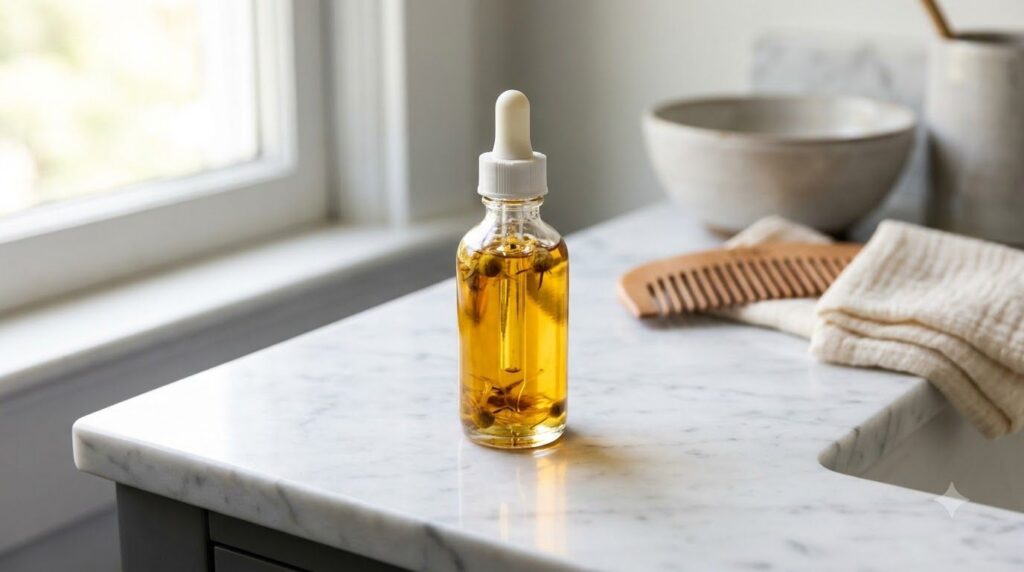 A close-up of a small glass bottle or dropper bottle containing the finished DIY baby oil mix placed on a vanity or bath