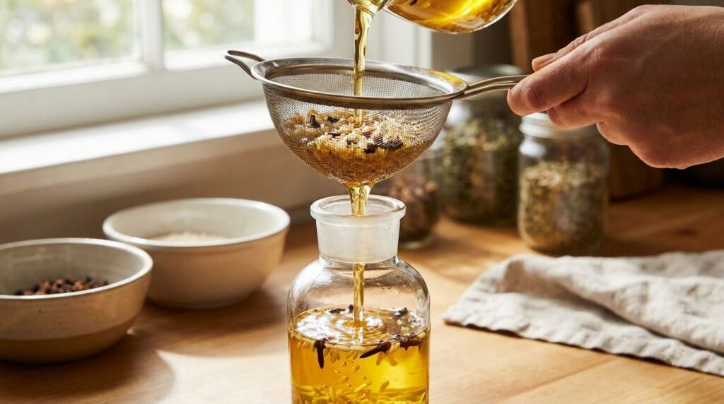 A close-up shot of the rice and clove hair oil being strained through a fine-mesh sieve into a glass bottle showing the 