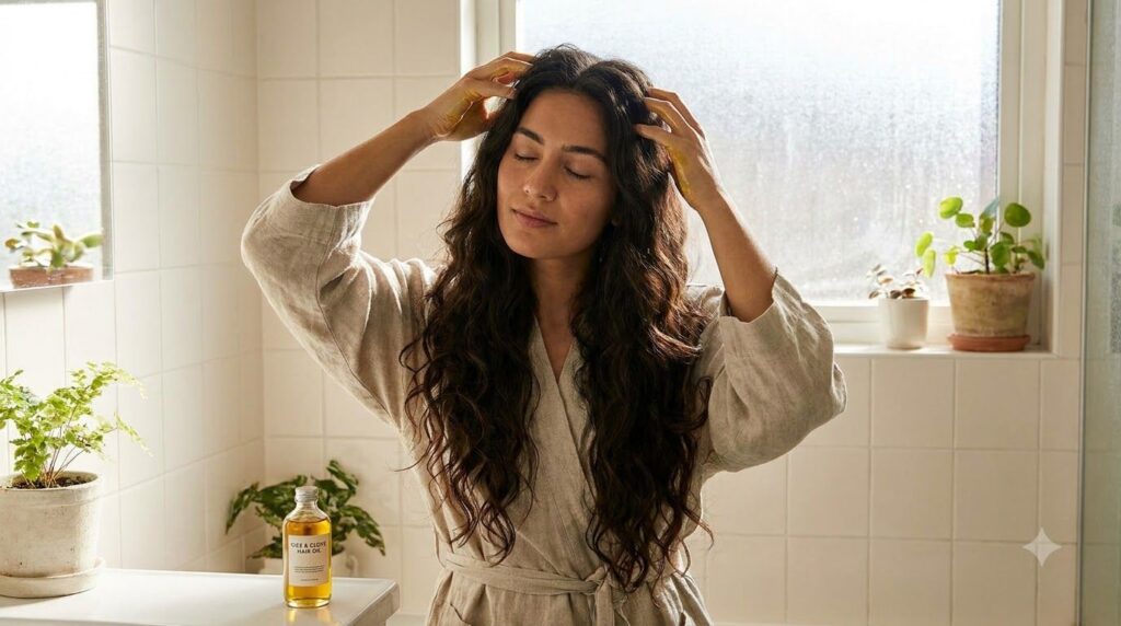 A woman gently massaging the rice and clove hair oil into her scalp with her fingertips her eyes closed in relaxation sh