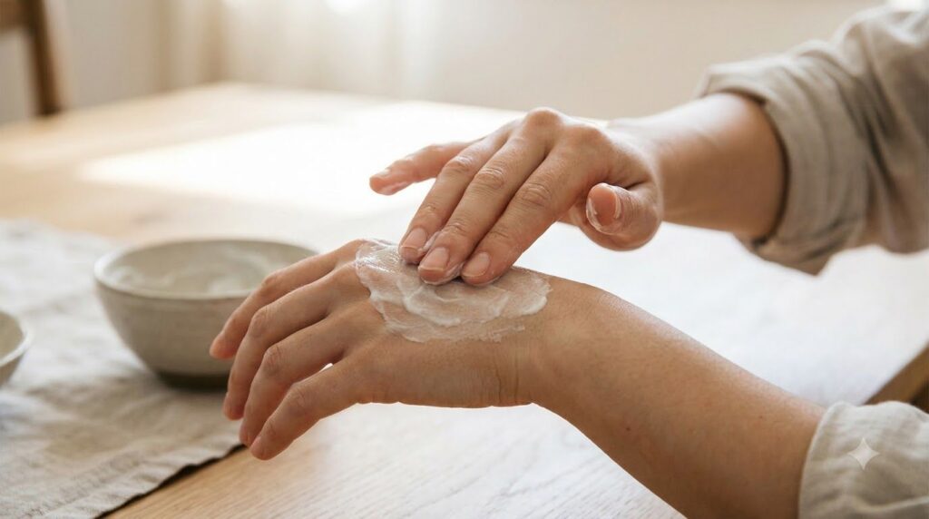 Hands gently massaging a white paste onto the back of another hand illustrating the application step of the remedy