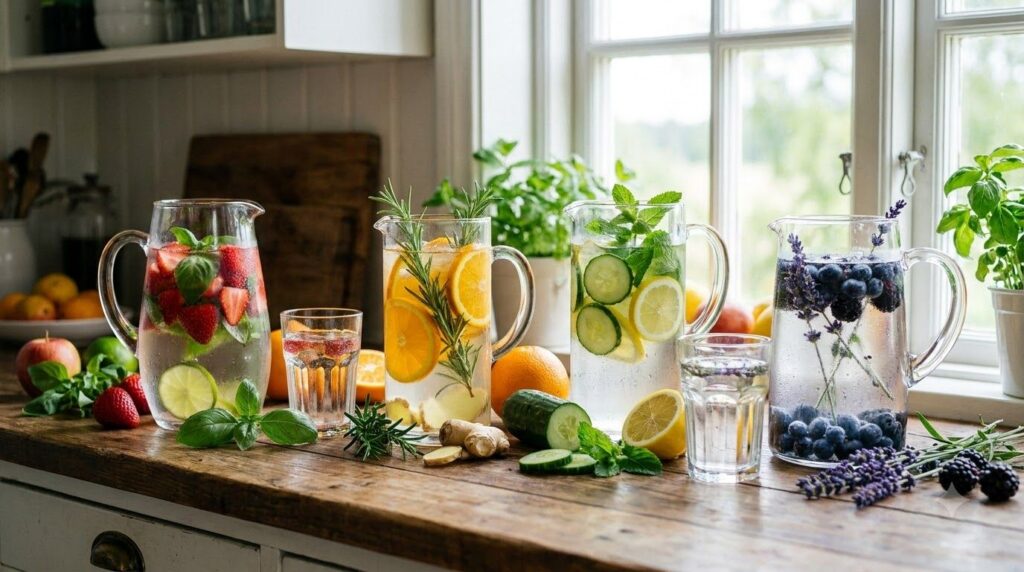 Various pitchers and glasses of colorful infused waters with different fruits vegetables and herbs arranged on a kitchen