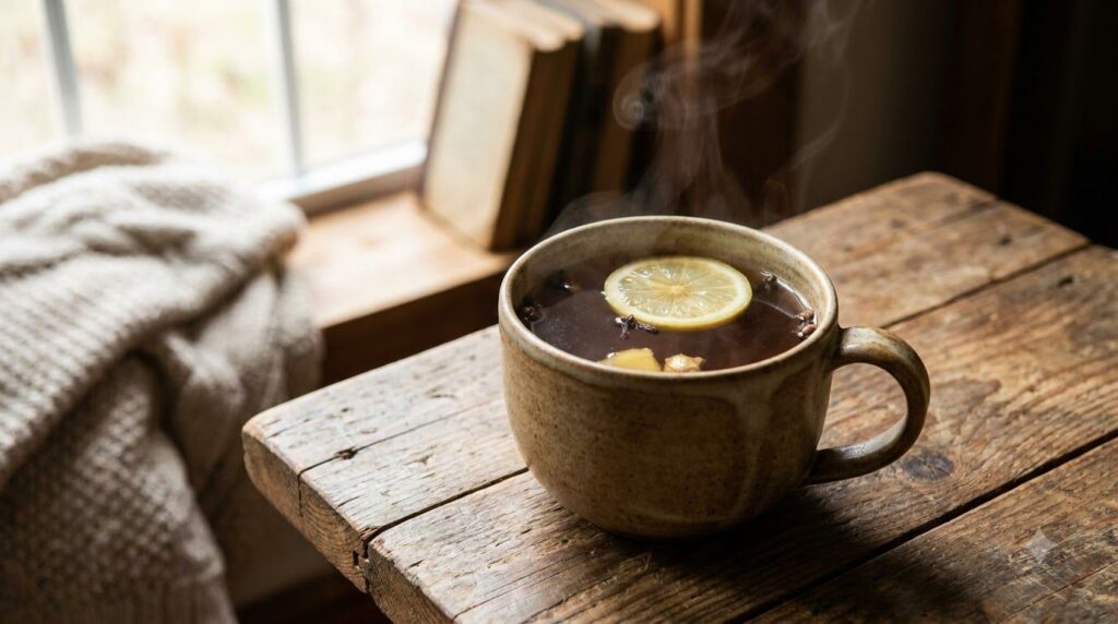 A steaming mug of ginger and clove tea garnished with a lemon slice on a cozy natural background The steam should be vis