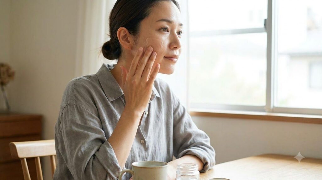A woman gently applying a clear gel to her clean face with soft natural light showing the hydrating process