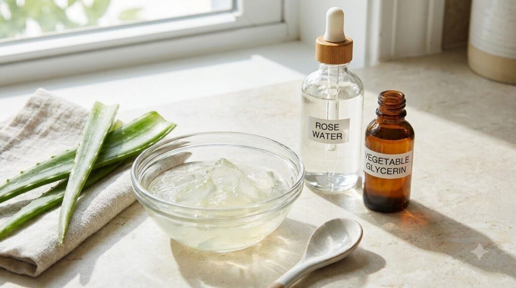 Close-up shot of aloe vera gel rose water and vegetable glycerin ingredients on a countertop ready to be mixed