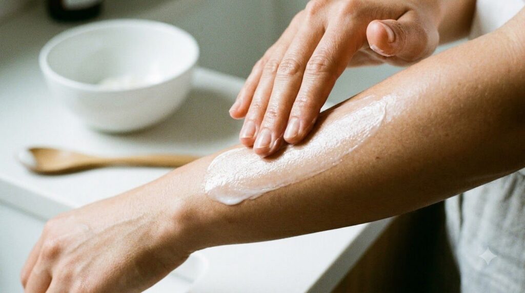 A close-up of a person s hand applying the finished creamy balm to their arm demonstrating the smooth texture and showin