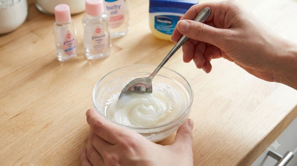 A person s hands gently mixing the Vaseline baby oil and white powder in a small bowl with a spoon showing the smooth cr