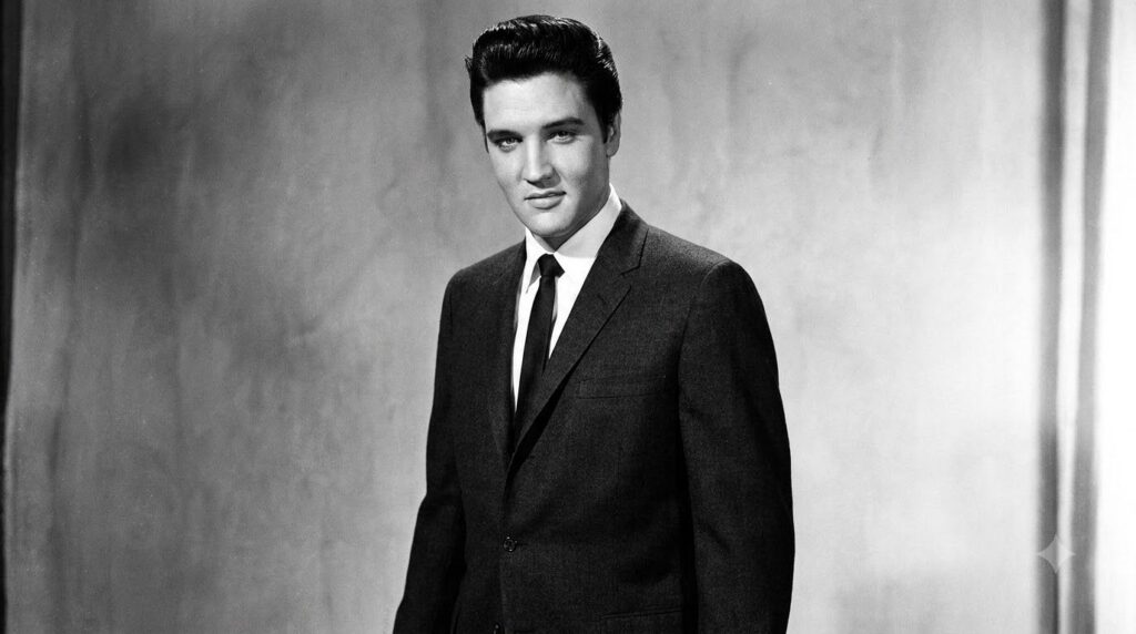 A black and white publicity photo of a young Elvis Presley from the 1950s looking confident and stylish