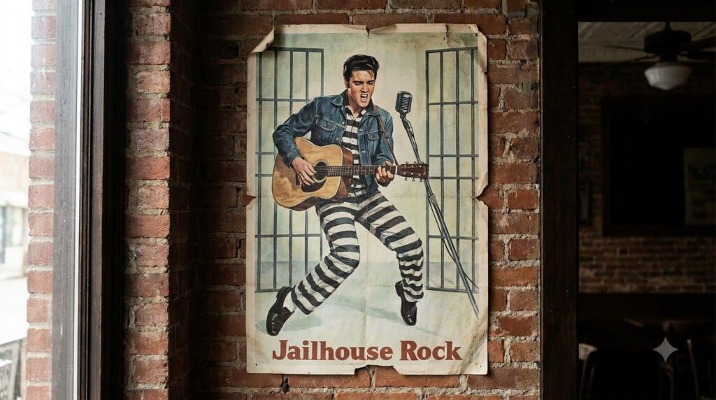 A classic album cover or movie poster featuring Elvis Presley in a recognizable pose perhaps from Jailhouse Rock or Blue