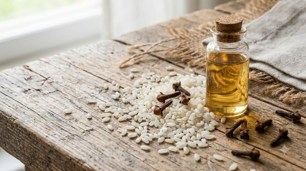 Close-up shot of rice cloves and a small bottle of natural oil laid out on a rustic wooden surface highlighting the ingr