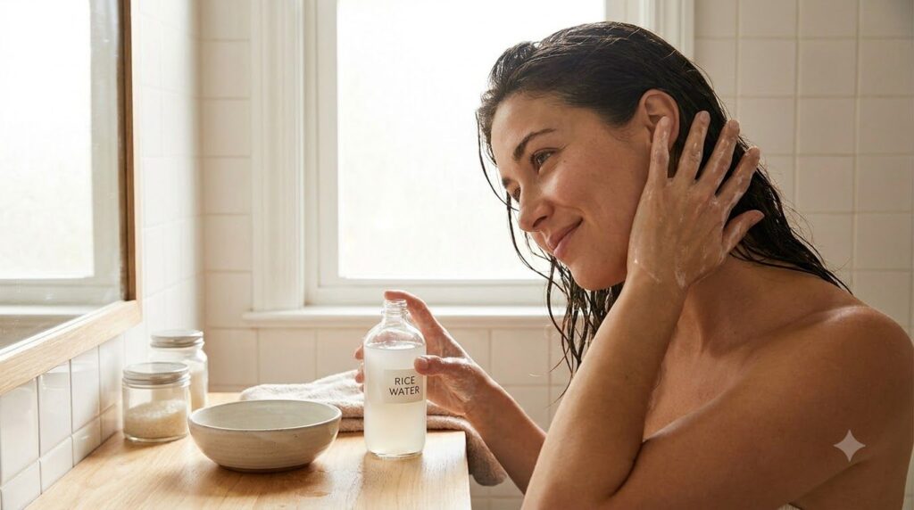 A woman gently massaging rice water into her scalp and hair in a bathroom setting demonstrating the application process