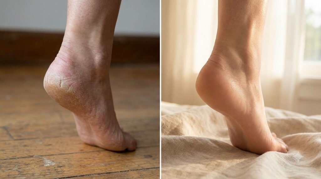 A before and after image showing a dry rough heel transforming into a smoother moisturized heel The after image highligh