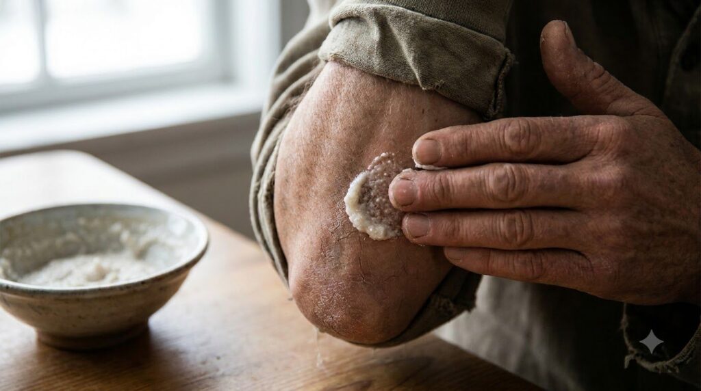 A person gently applying the Vaseline and baking soda paste to a dry elbow or knee with their fingertips