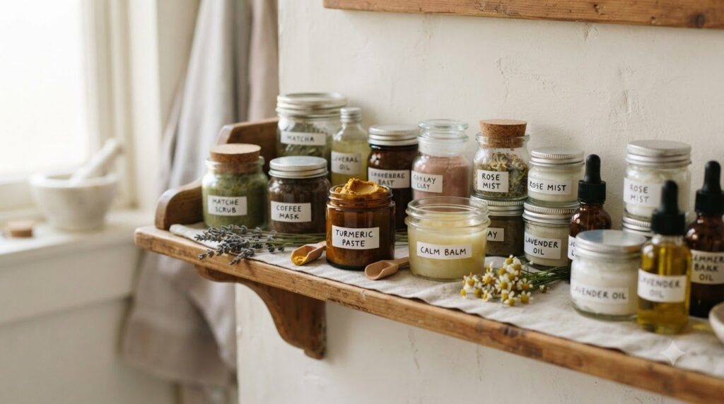 A collection of small jars and containers some with yellow turmeric paste others with clear balm neatly arranged on a va