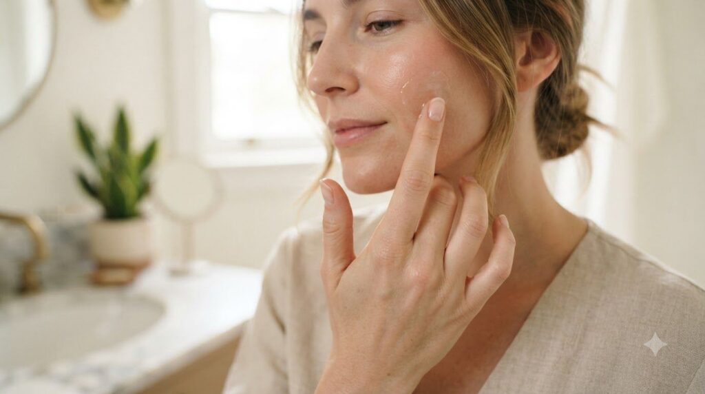 A woman s hand gently applying a small amount of the Vaseline and baby oil mixture to her face focusing on a specific ar