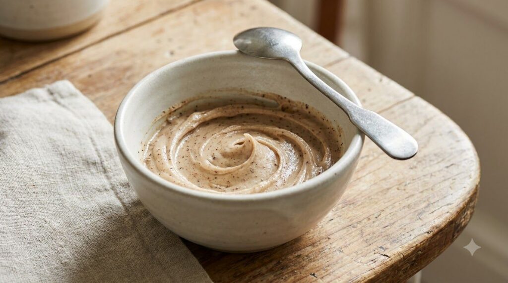 A small clean bowl containing a well-mixed DIY coffee-Vaseline paste with a mixing spoon resting beside it