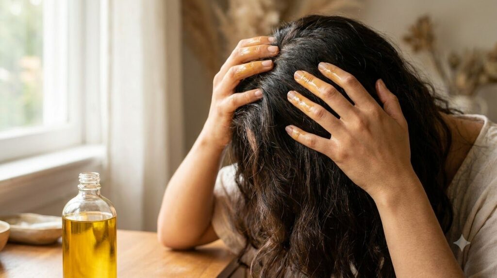 A woman gently massaging a small amount of the infused rice and clove oil into her scalp with her fingertips showing a c