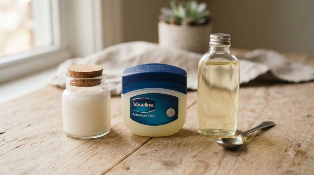 A small clean airtight container next to a jar of Vaseline and a bottle of baby oil with a spoon ready for mixing