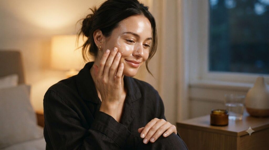 A woman gently patting a small amount of the mixed Vaseline and baby oil balm onto her clean face before bedtime with a