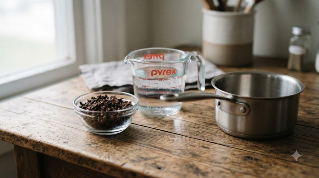 Ingredients for clove water a small bowl of whole cloves next to a measuring cup of filtered water and a small saucepan