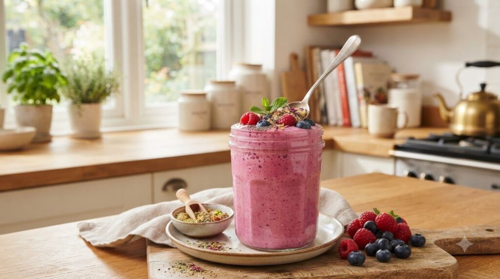 A glass of vibrant pink smoothie with a spoon in it topped with a sprinkle of the herbal beauty powder suggesting a deli