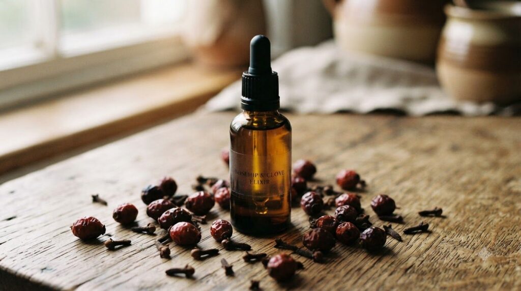 A dark glass dropper bottle filled with golden oil surrounded by dried rose hips and whole cloves on a rustic wooden sur